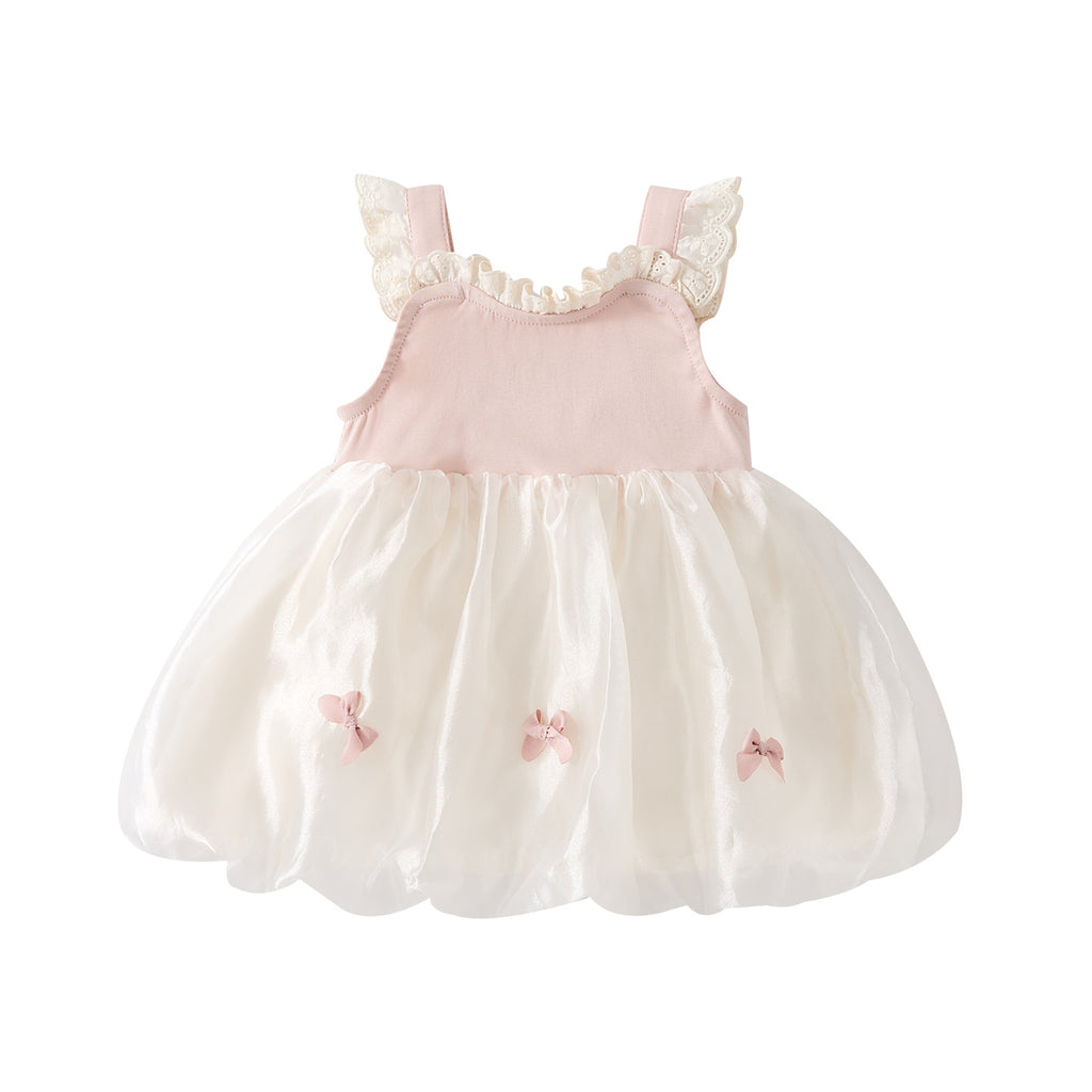 Sleeveless Bow Lace Top Dress for Toddlers and Babies, Sweet Floral Dress for Girls
