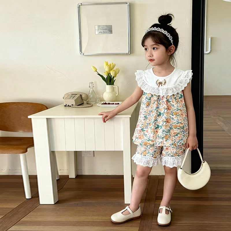 Summer clothes big flower short sleeved two-piece set