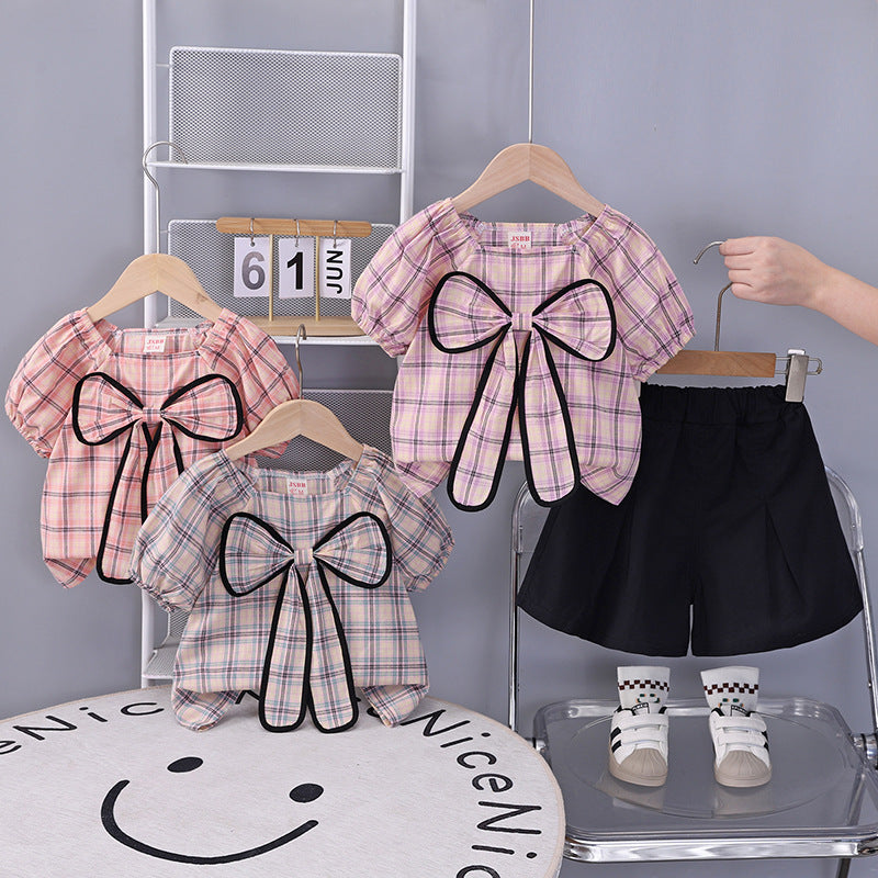 Cute plaid short sleeved shorts two-piece set