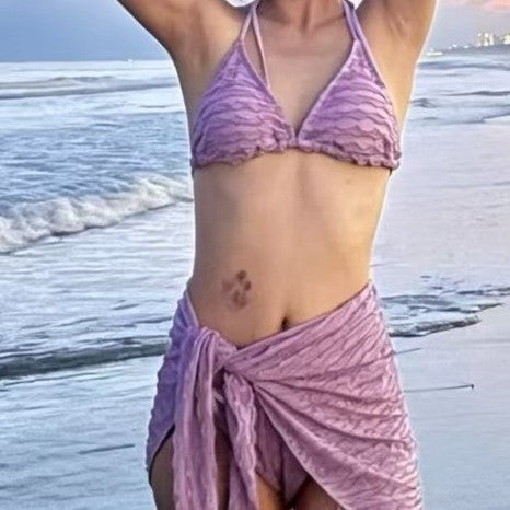 Three-Piece Swimwear Set with Triangular Cups, Tie-Up Side, Hip-Covering Wrap Skirt