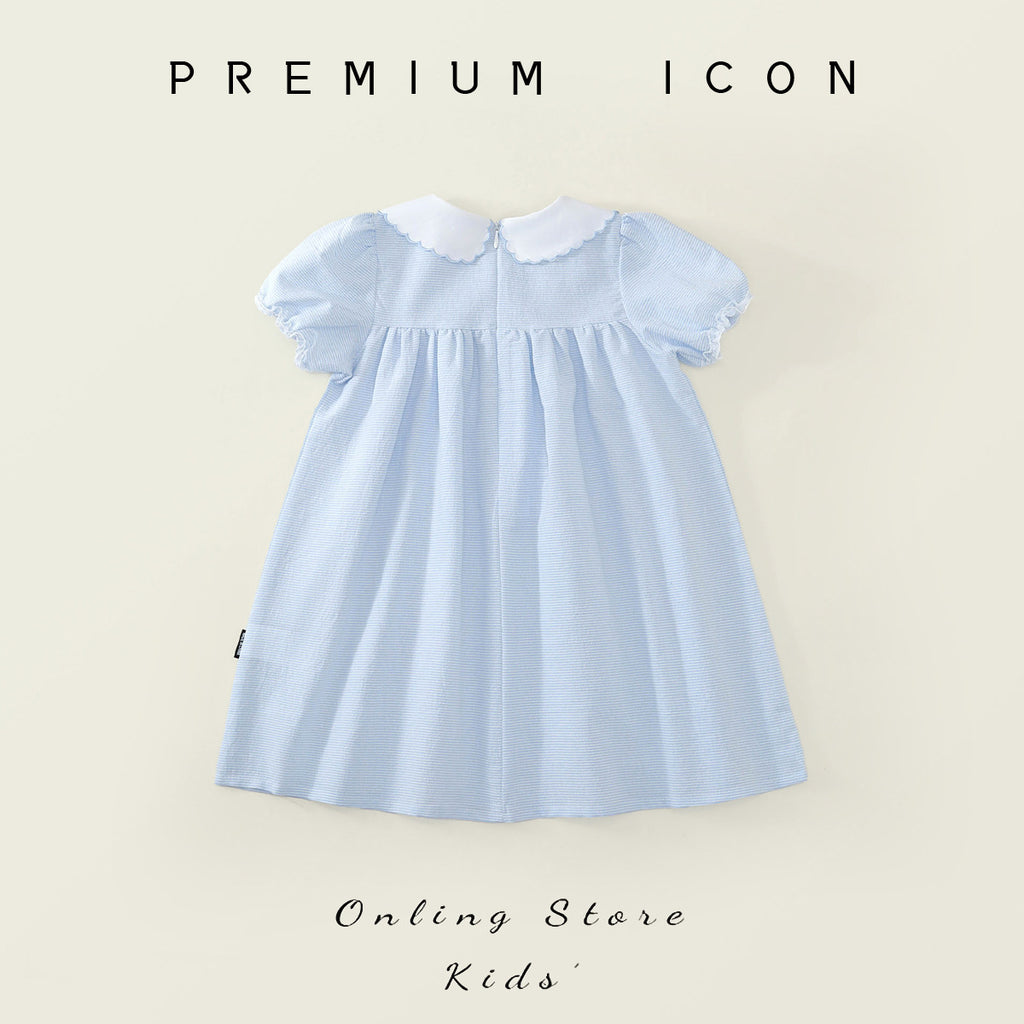 Girls' Peter Pan Collar Embroidered Short Sleeve Dress