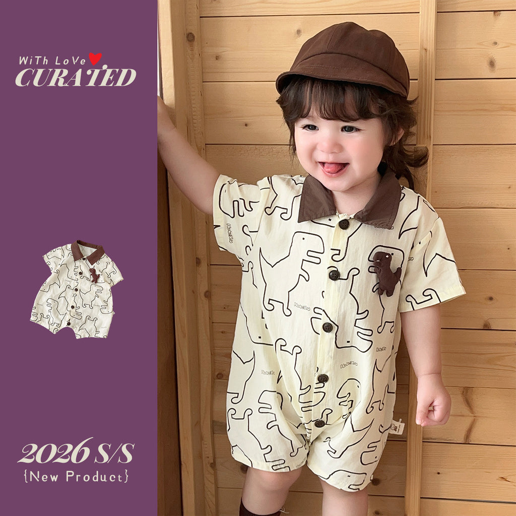 Pure Cotton Romper Baby BoyDinosaur Print Short Sleeve Shirt Bodysuit Outing Crawler Suit