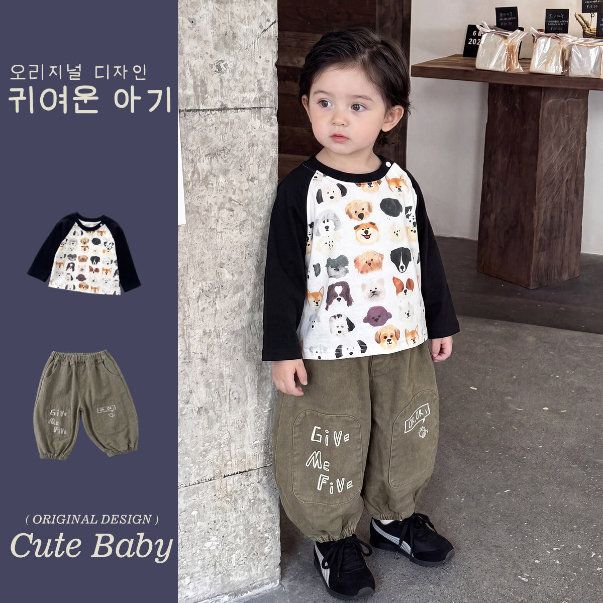 Two-Piece Set for Boys Dog Print Base Layer Lantern Pants Cool Baby Boy Outfit