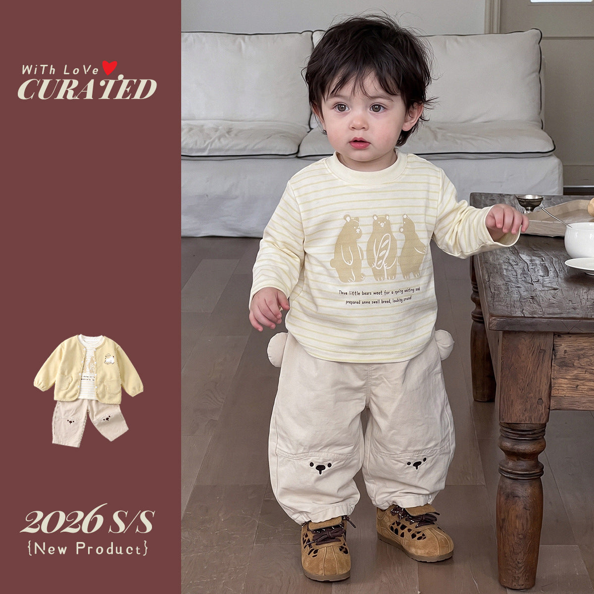 Korean Style Autumn Boys' 3-Piece Set, Simple Jacket, Striped T-Shirt, Cartoon Casual Pants, Kids Outfit