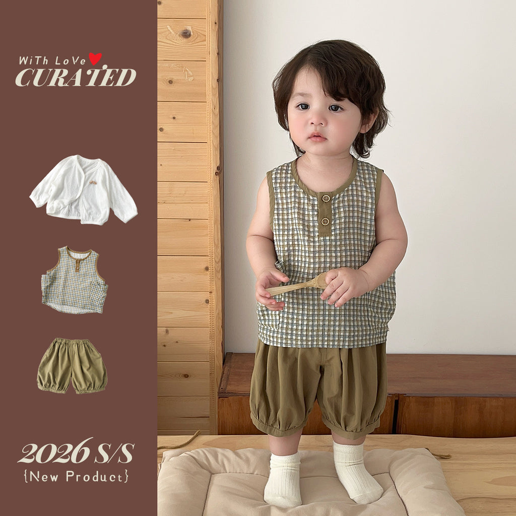 Baby Boy Summer Two-piece Set, Simple Checkered Sleeveless Vest, Loose Lantern Shorts