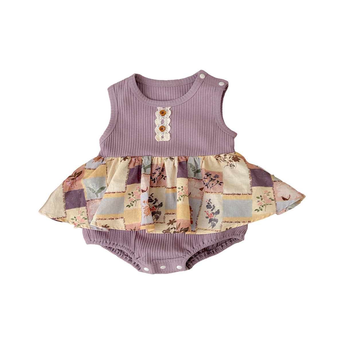 Striped Floral Patchwork Onesie, Newborn Baby Outfit for Outdoor Wear