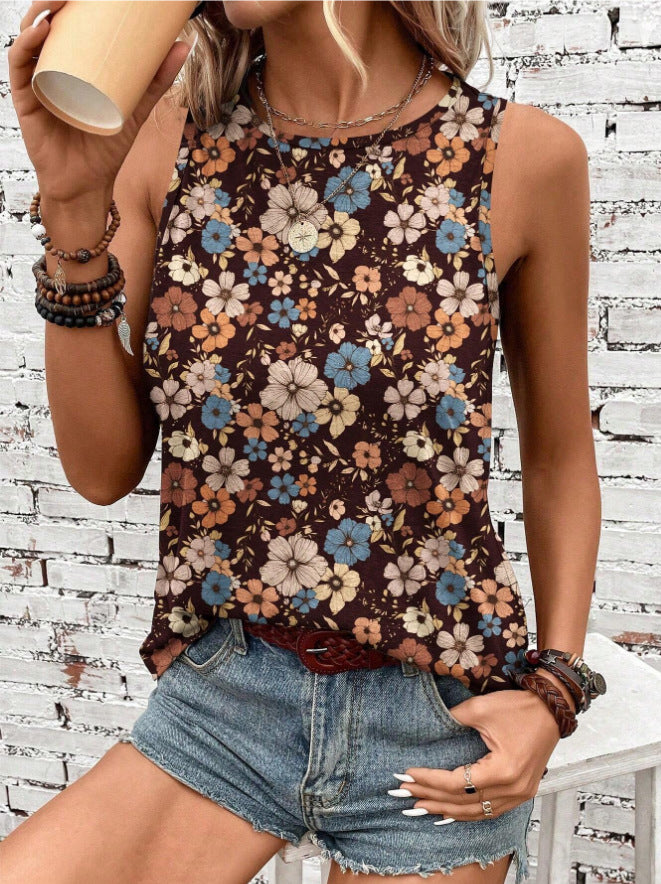 Women's Sleeveless Vest Printed Loose Casual Summer Tops Round Neck