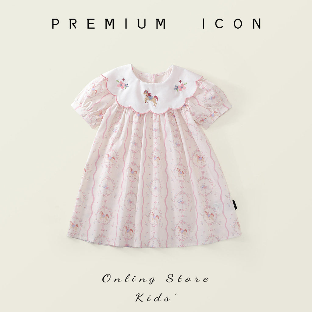 Cute Floral Bubble Sleeve Dress for Girls with Sweet Peter Pan