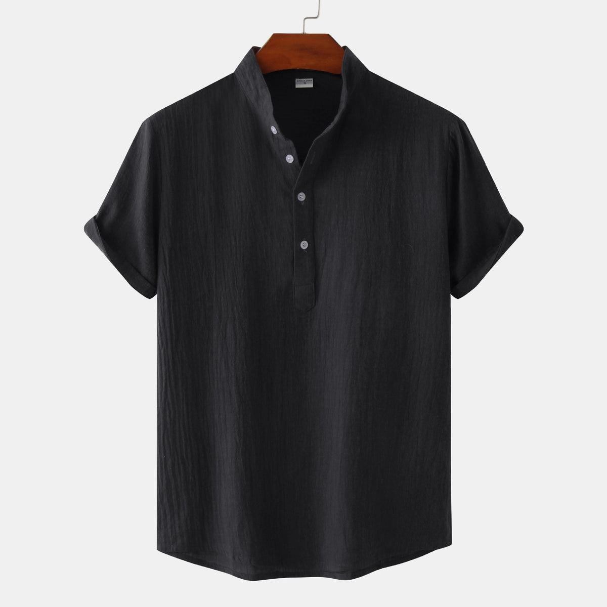 Summer Mens Cotton and Linen Standing Collar Casual Short Sleeved Shirt Beach T Shirt Shirt Mens Clothing