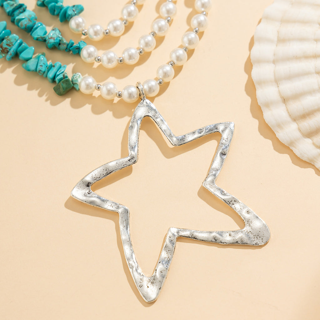 Retro imitation pearl bead necklaces, pine stone necklaces, multi-layered minimalist star necklaces