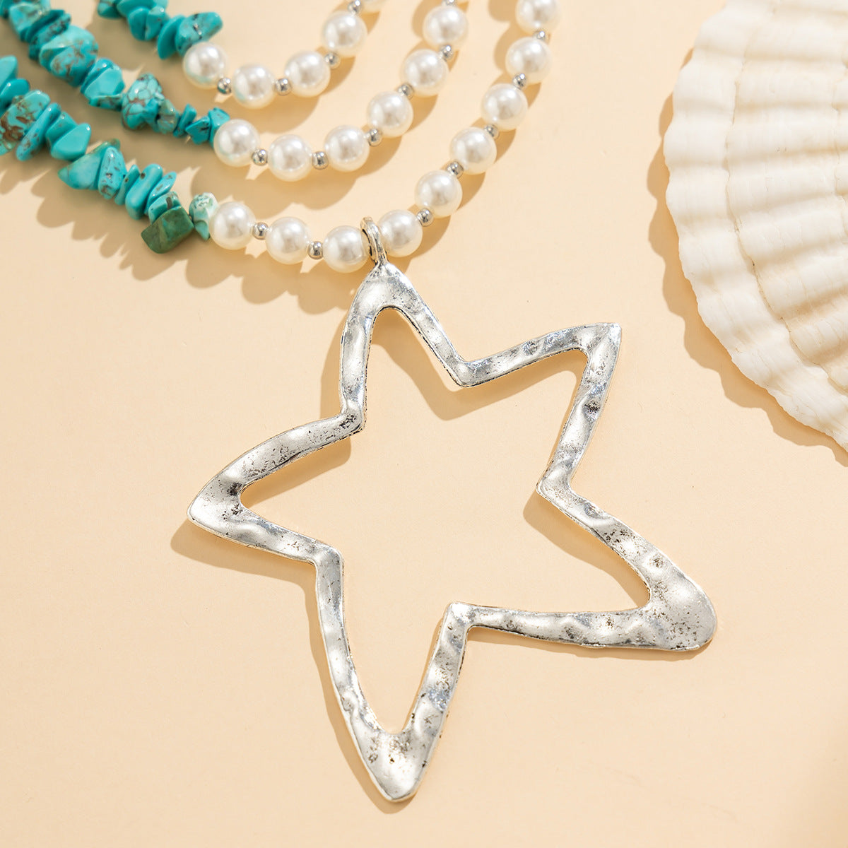 Retro imitation pearl bead necklaces, pine stone necklaces, multi-layered minimalist star necklaces