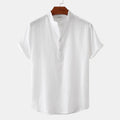 Summer Mens Cotton and Linen Standing Collar Casual Short Sleeved Shirt Beach T Shirt Shirt Mens Clothing