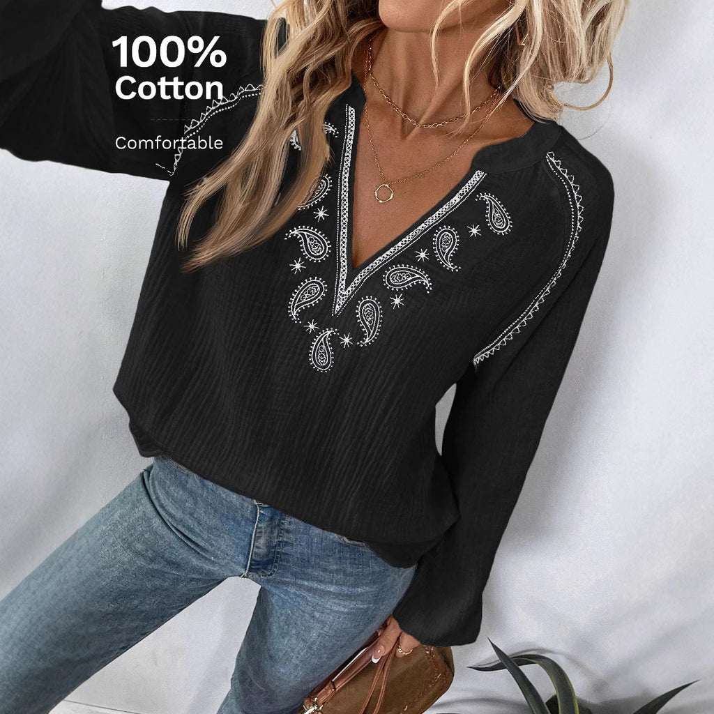 V-Neck Embroidered Pure Cotton Top for Women