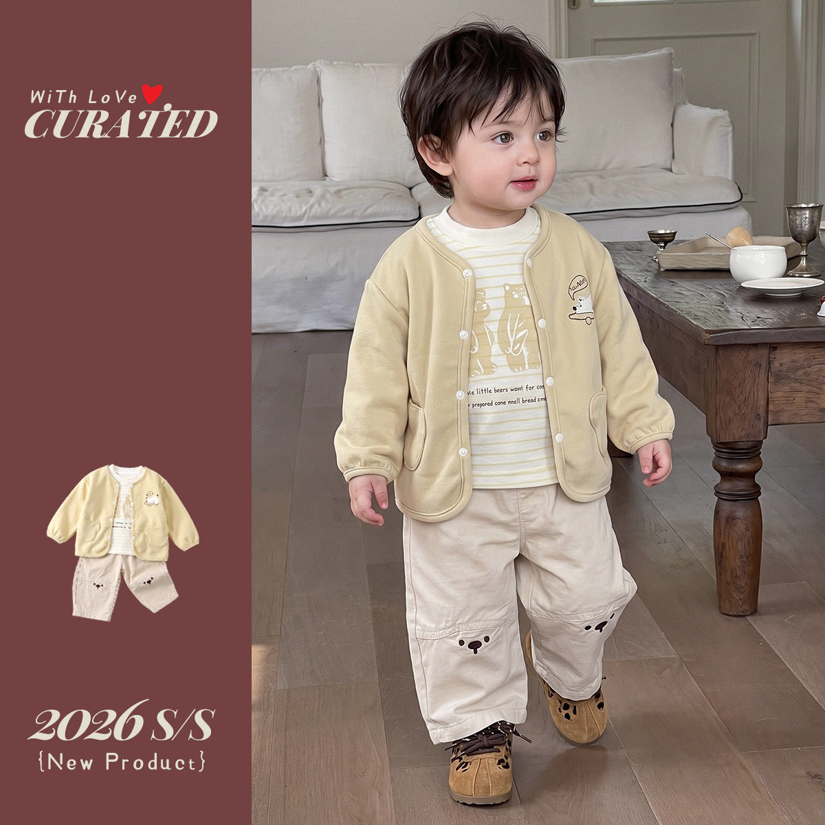 Korean Style Autumn Boys' 3-Piece Set, Simple Jacket, Striped T-Shirt, Cartoon Casual Pants, Kids Outfit