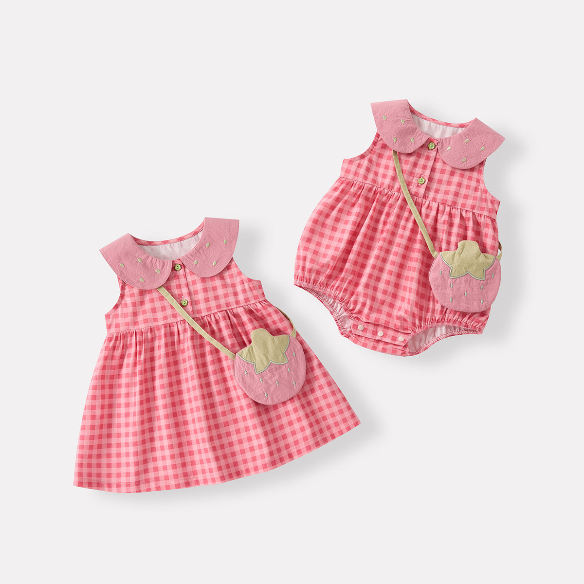 Baby Girl Cotton Checkered Sleeveless Romper with Peter Pan Collar Infant Clothes
