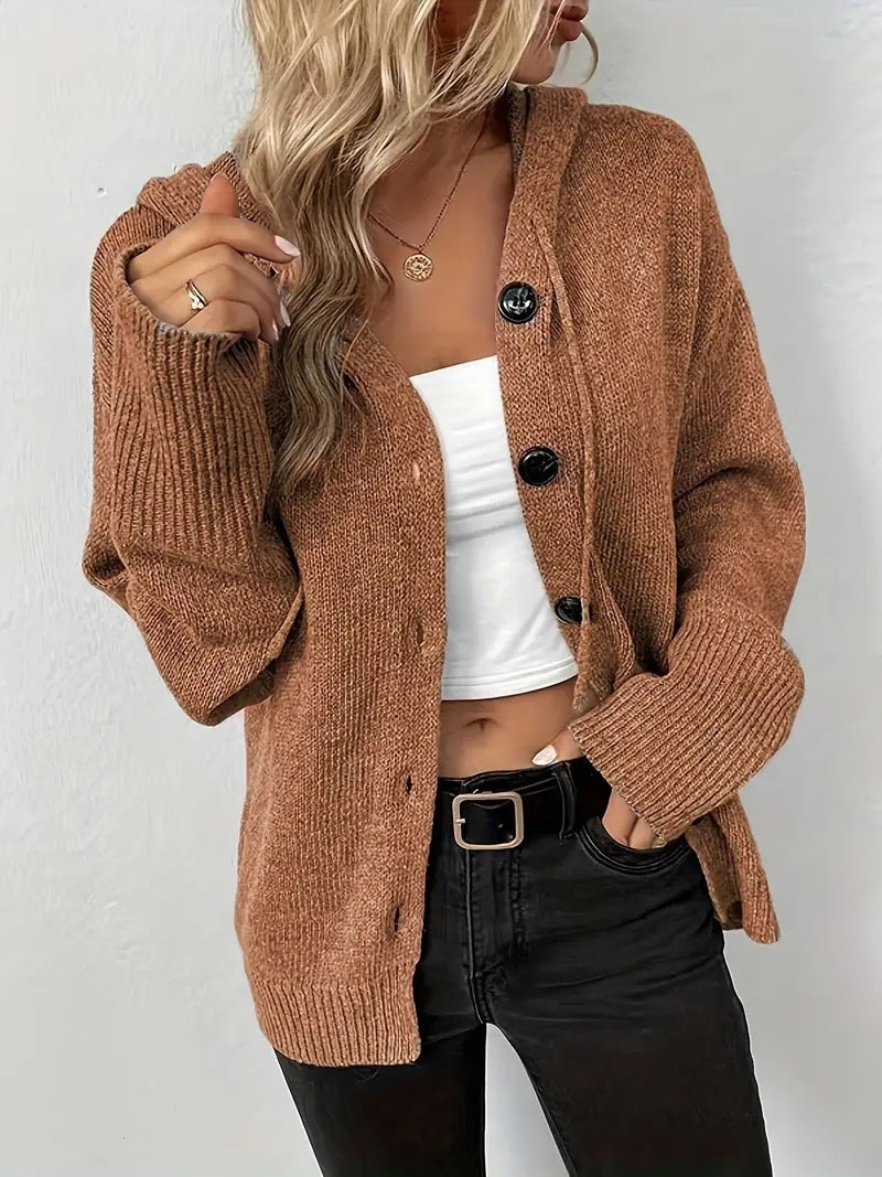 Solid colour hooded single breasted cardigan for women
