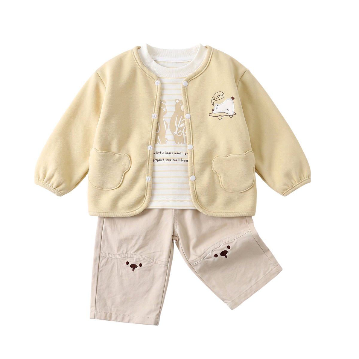Korean Style Autumn Boys' 3-Piece Set, Simple Jacket, Striped T-Shirt, Cartoon Casual Pants, Kids Outfit