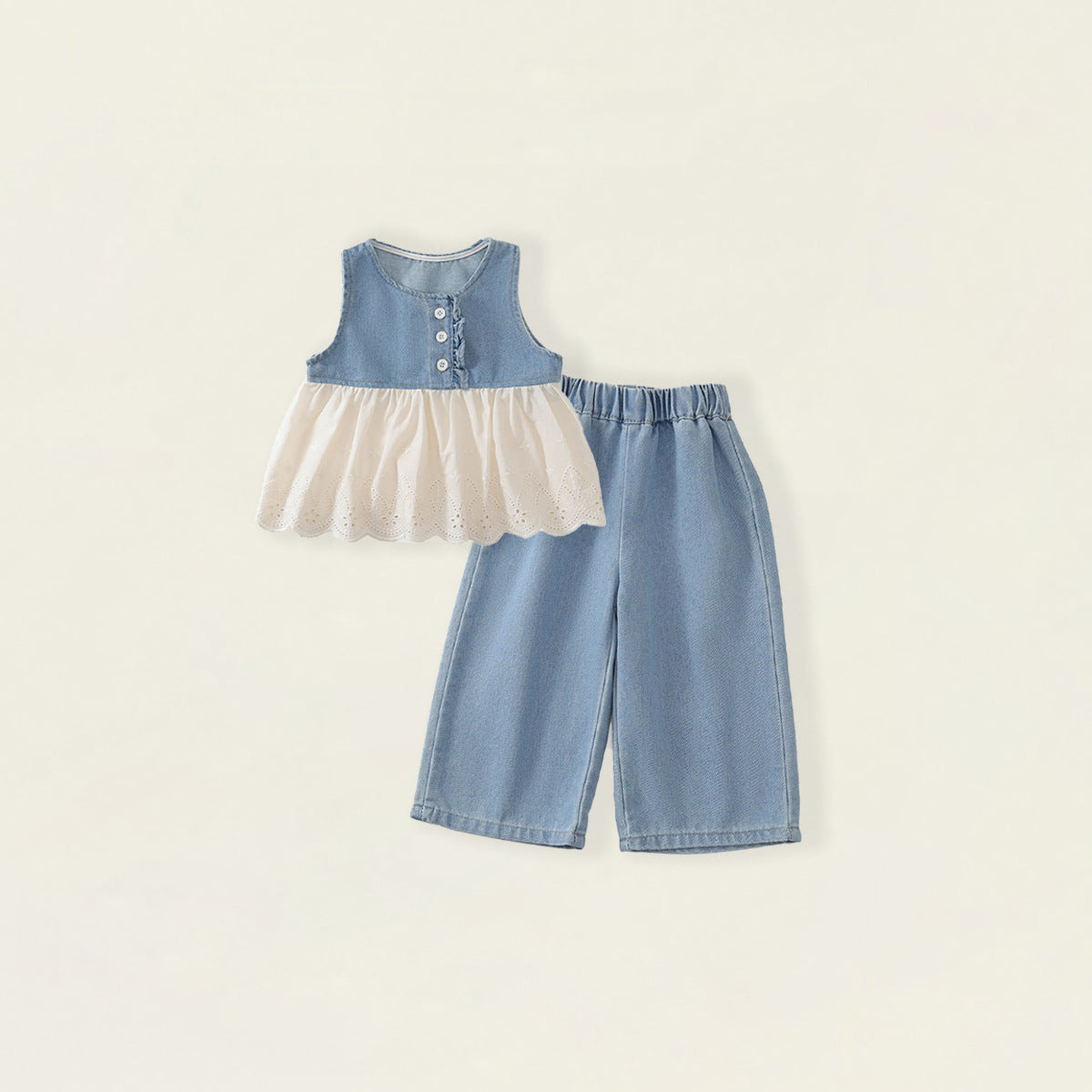 Denim Vest and Wide-Leg Pants Two-Piece Set for Girls