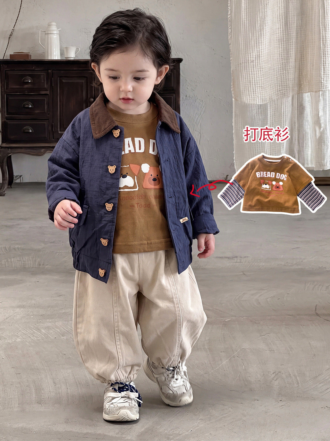 Children's Jacket Boys Flip Collar Jacket Printed T-Shirt Cuffed Pants  Children's Wear