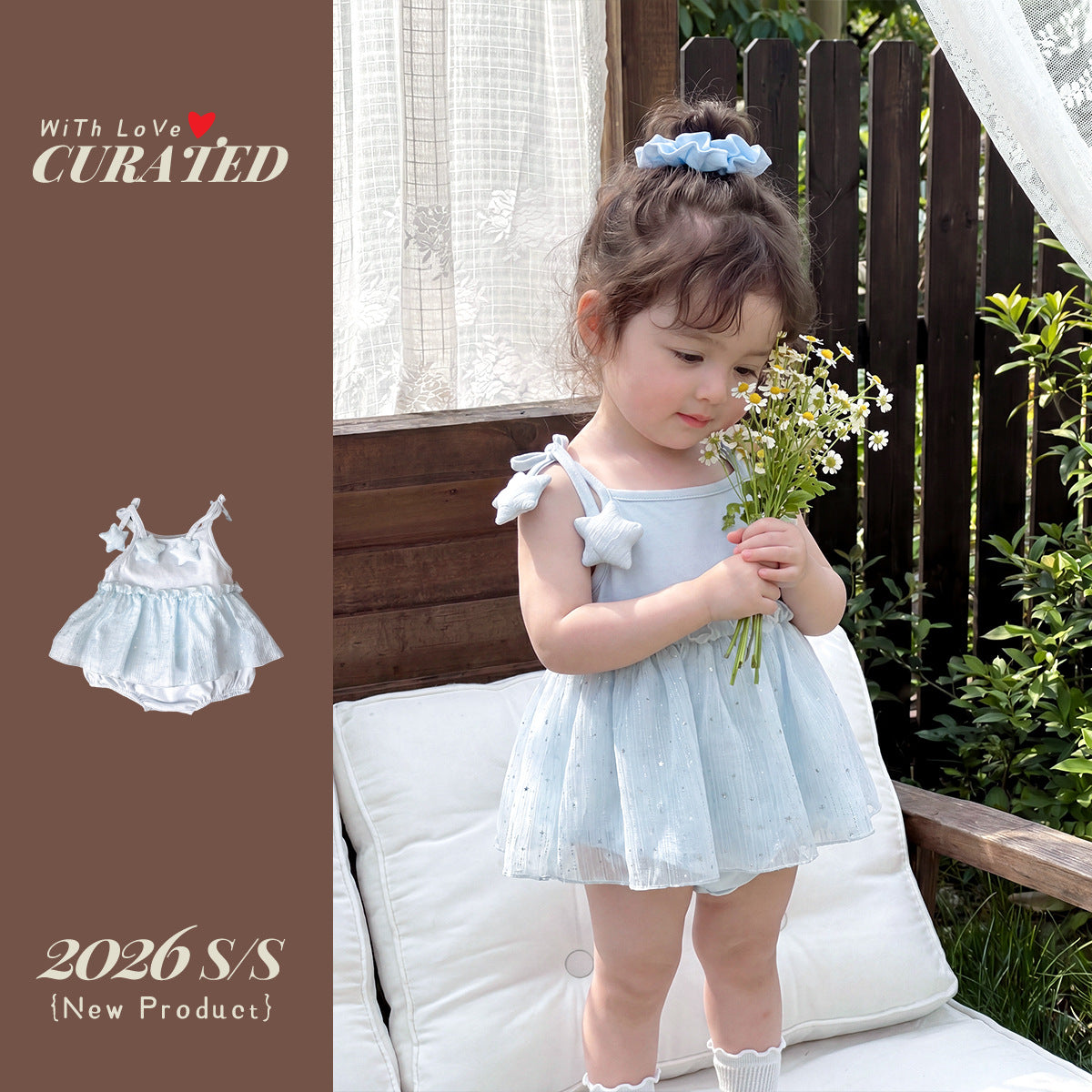 Romper with Star Sequin Tulle Dress, Sleeveless Bodysuit for Infants and Toddlers, Outing Crawling Suit, Girl's Straps One-Piece Clothing