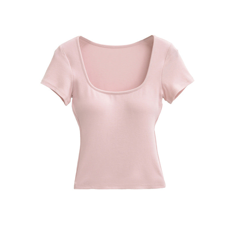Slim Fit Round Neck Candy Color Short Sleeve T-Shirt with Padded Cups