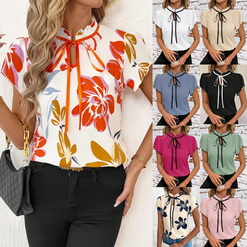 Fashionable Versatile Pleated Round Neck Tie-Print Short Sleeve Women's Blouse