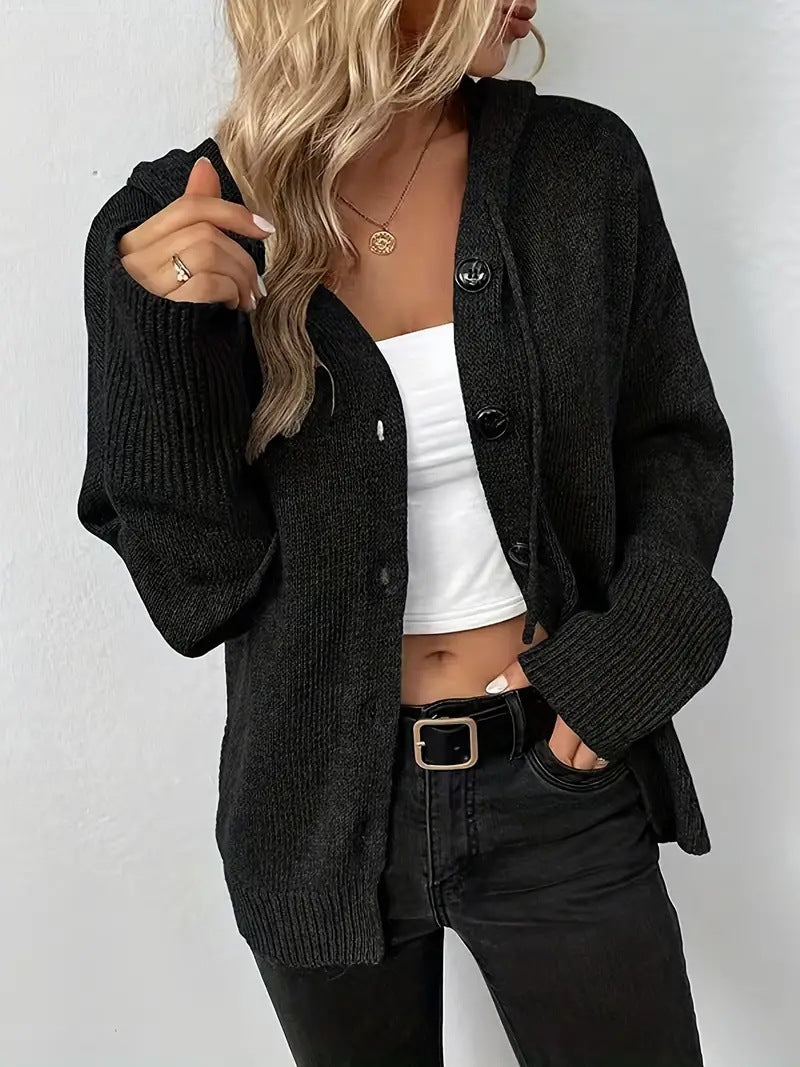 Solid colour hooded single breasted cardigan for women