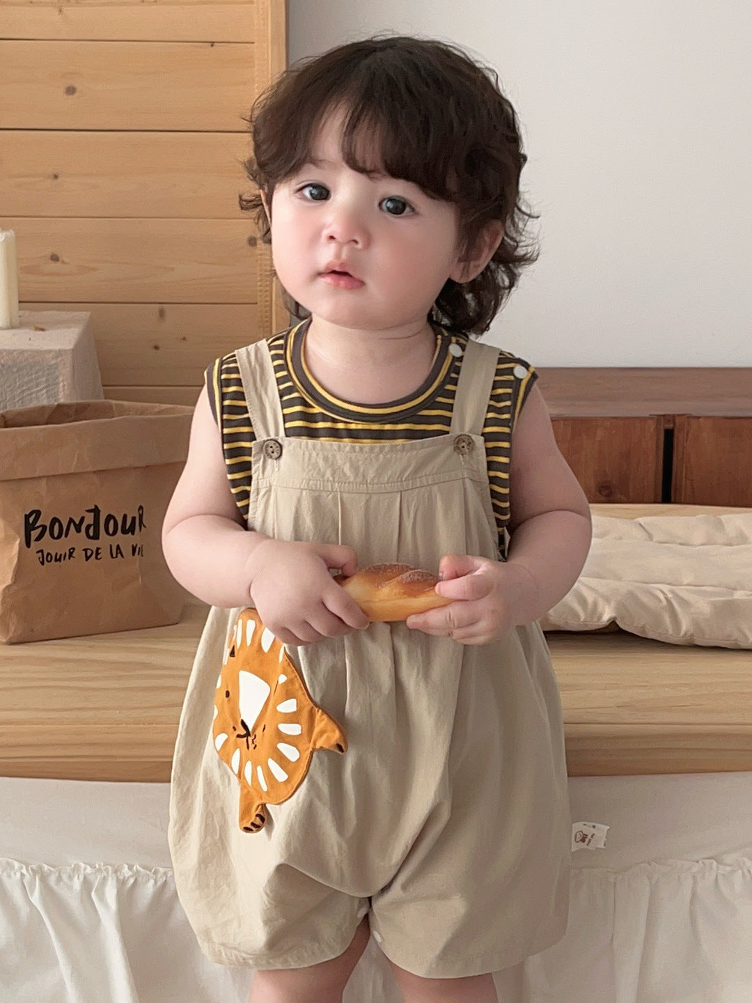 Lion Overalls with Stripe Vest, Two-Piece Set, Children's Summer Clothing
