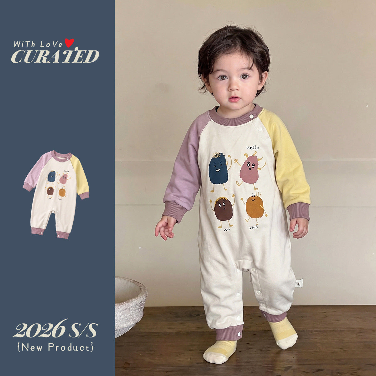 Long Sleeve Romper Color-blocked Boy Baby Cartoon Print Bodysuit Newborn Outerwear One-piece Clothing