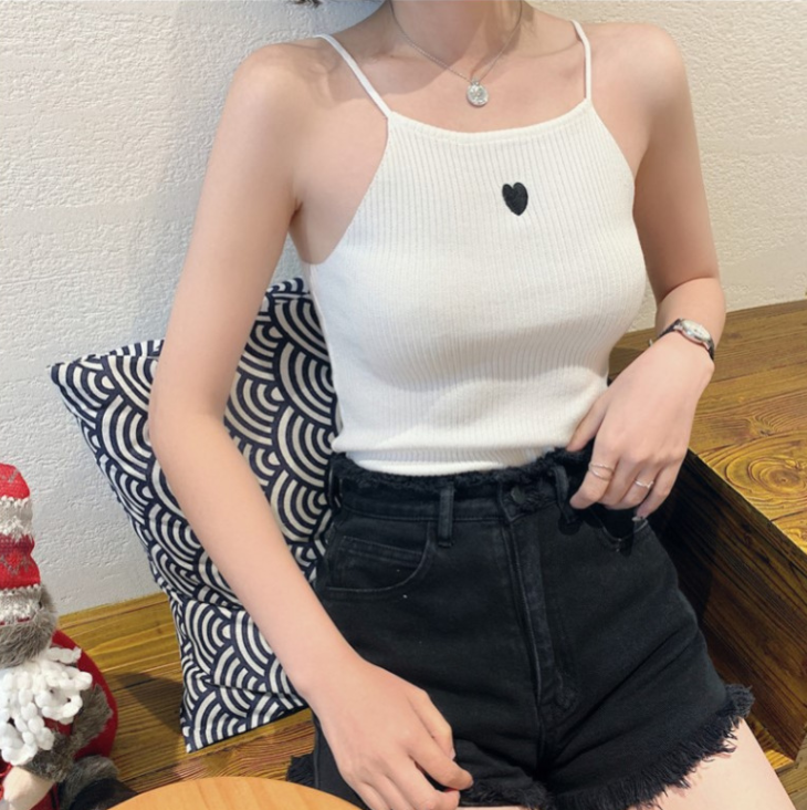 Womens Top Sleeveless Vest Solid Embroidery Heart