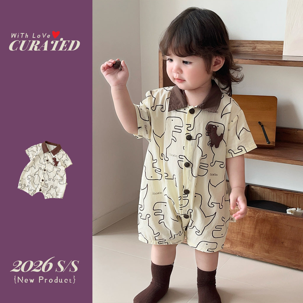 Pure Cotton Romper Baby BoyDinosaur Print Short Sleeve Shirt Bodysuit Outing Crawler Suit