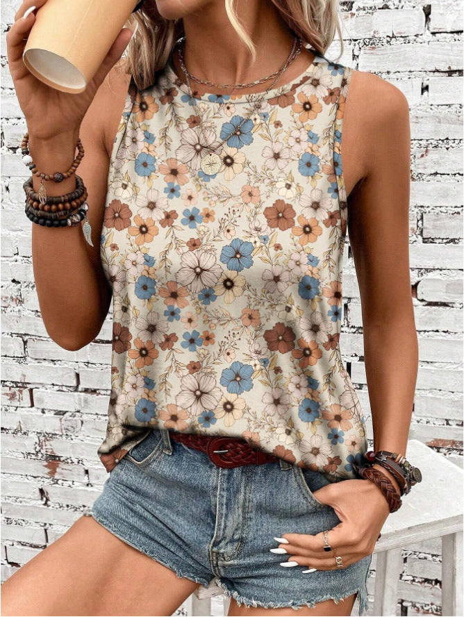 Women's Sleeveless Vest Printed Loose Casual Summer Tops Round Neck