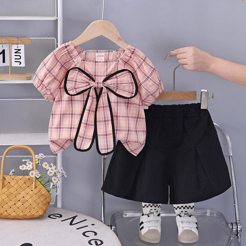 Cute plaid short sleeved shorts two-piece set