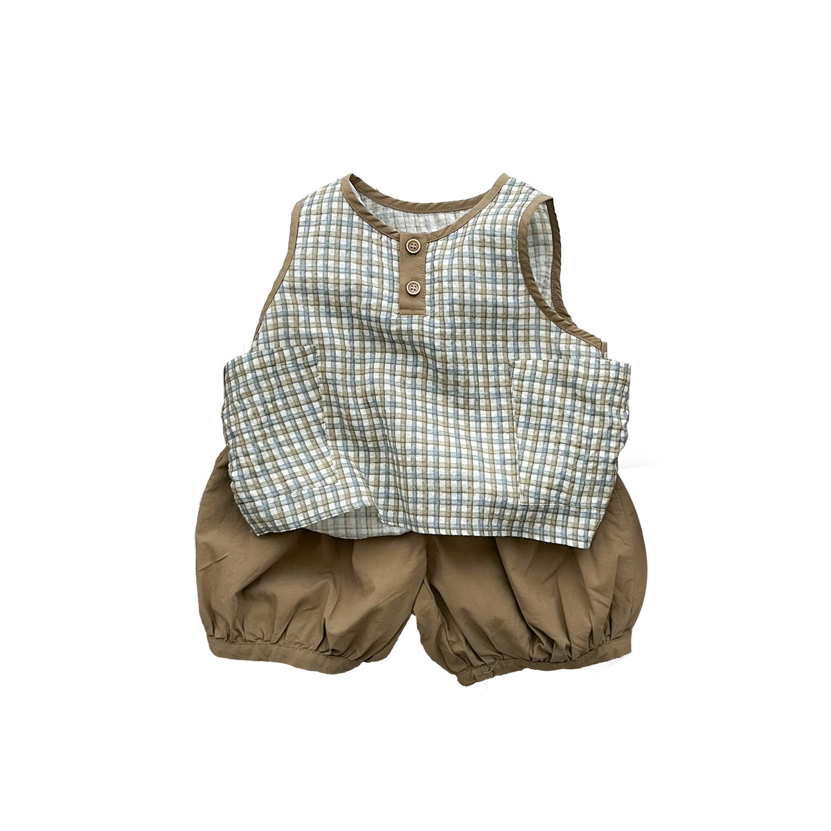 Baby Boy Summer Two-piece Set, Simple Checkered Sleeveless Vest, Loose Lantern Shorts