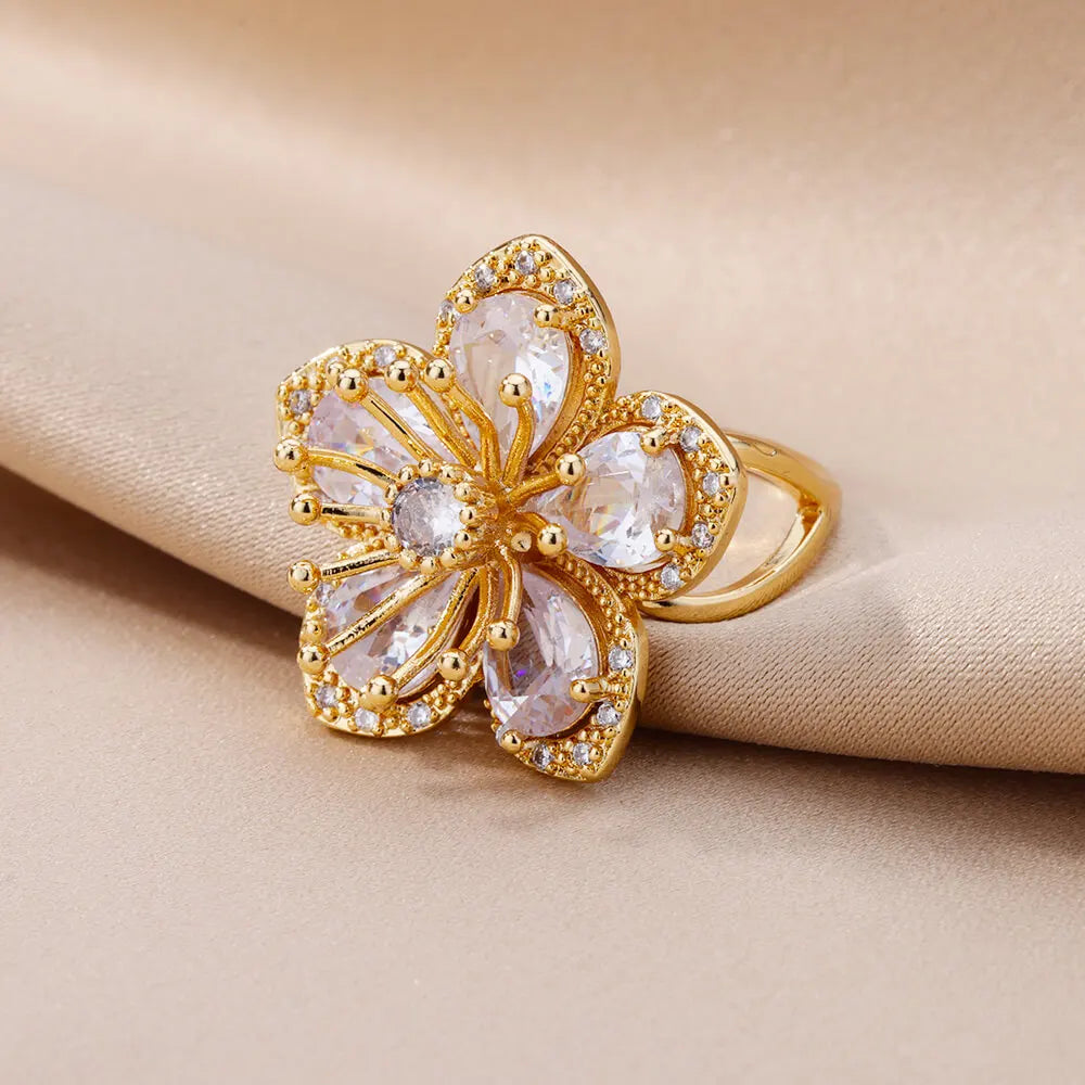 Gold Color Zirconia Flower Rings for Women Girls Elegant Stainless Steel Ring Floral Jewelry Trendy Luxury Aesthetic 2026 Style