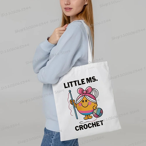 "LITTLE MS. CROCHET" Print Durable Canvas Tote Bags Women Fashion Colorful Crochet Girl Design Shoulder Bag Travel Tote Bags