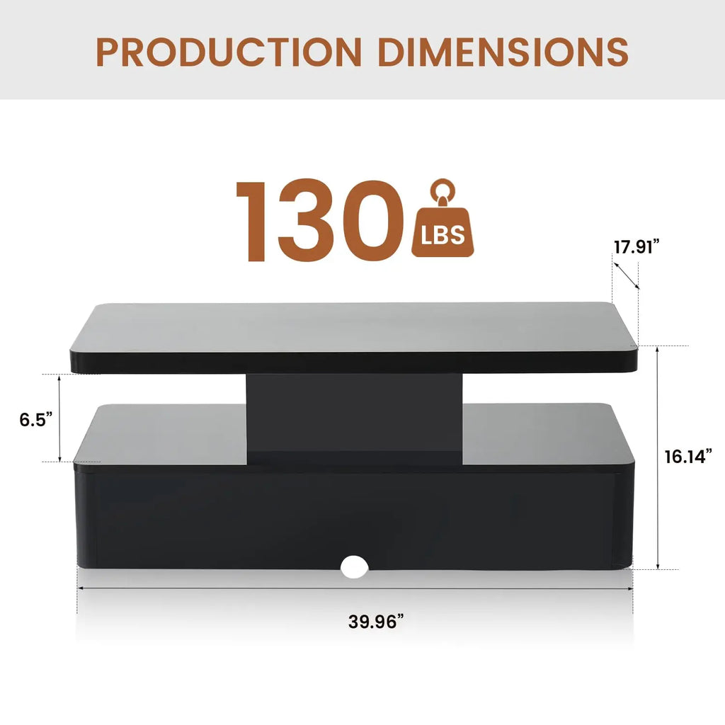 40" Modern Living Room Tables, LED Coffee Table with LED Lights, 2 Tier Rectangular Center Table with Large, Customized