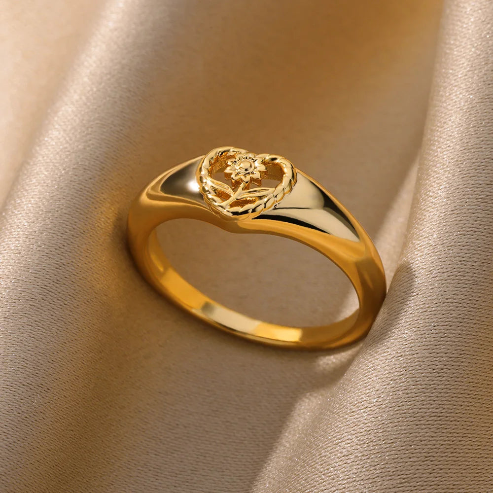 Gold Color Zirconia Flower Rings for Women Girls Elegant Stainless Steel Ring Floral Jewelry Trendy Luxury Aesthetic 2026 Style