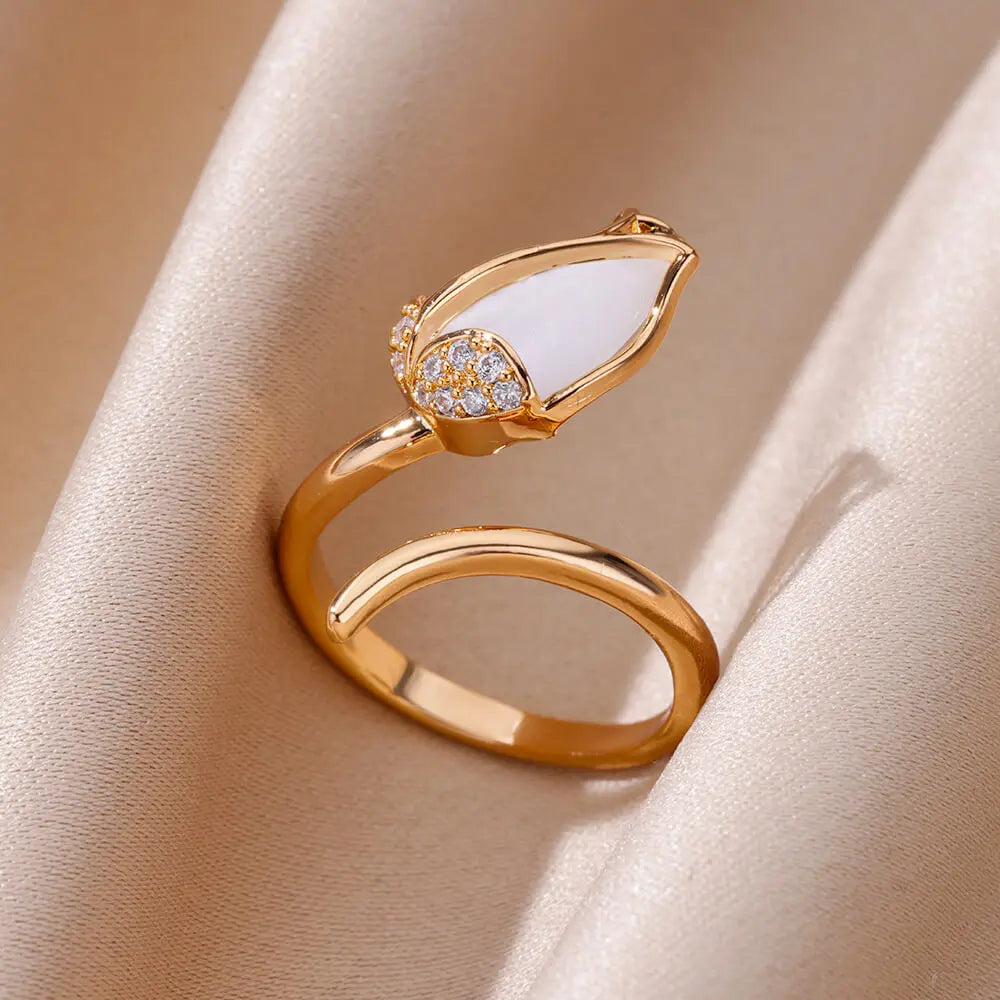 Gold Color Zirconia Flower Rings for Women Girls Elegant Stainless Steel Ring Floral Jewelry Trendy Luxury Aesthetic 2026 Style