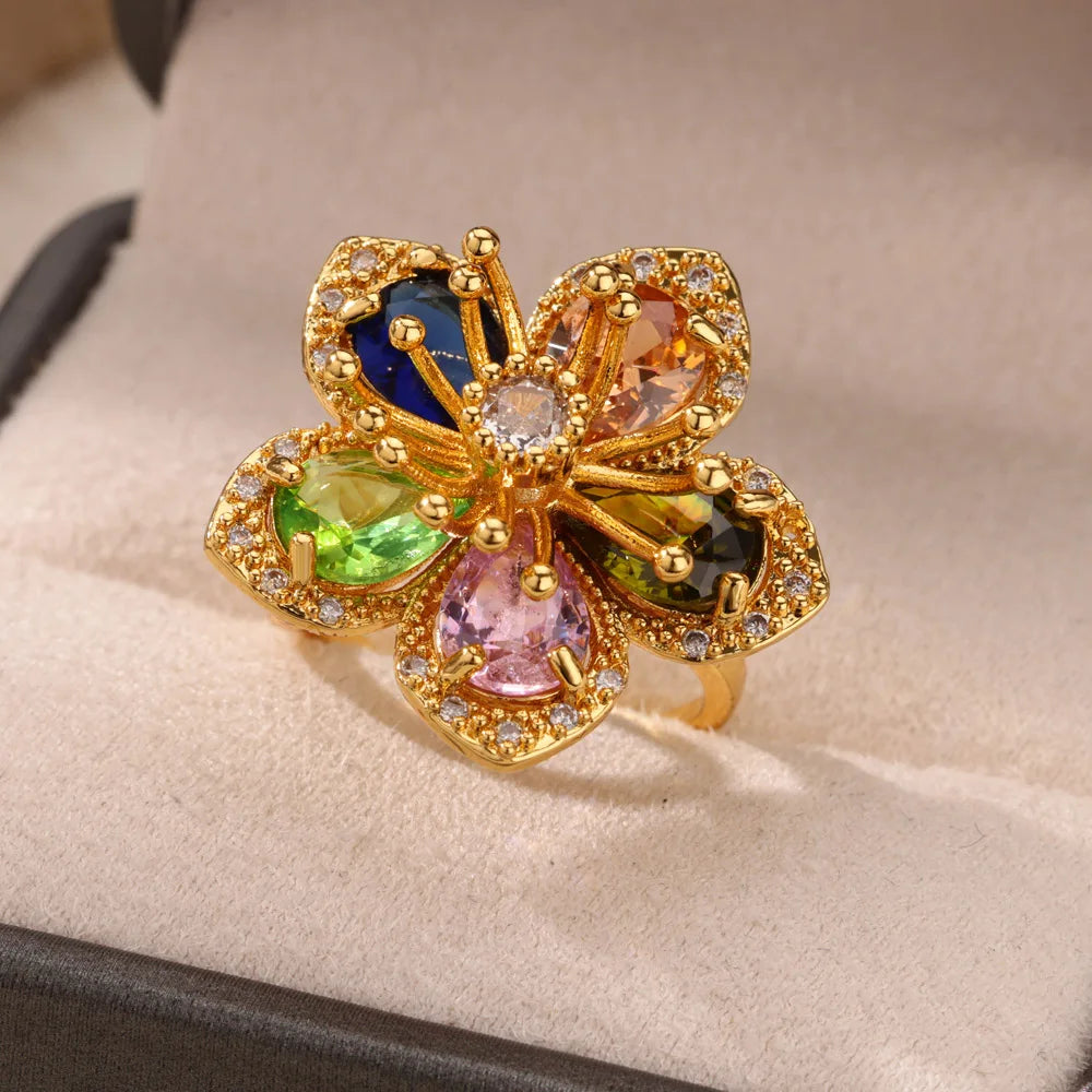 Gold Color Zirconia Flower Rings for Women Girls Elegant Stainless Steel Ring Floral Jewelry Trendy Luxury Aesthetic 2026 Style