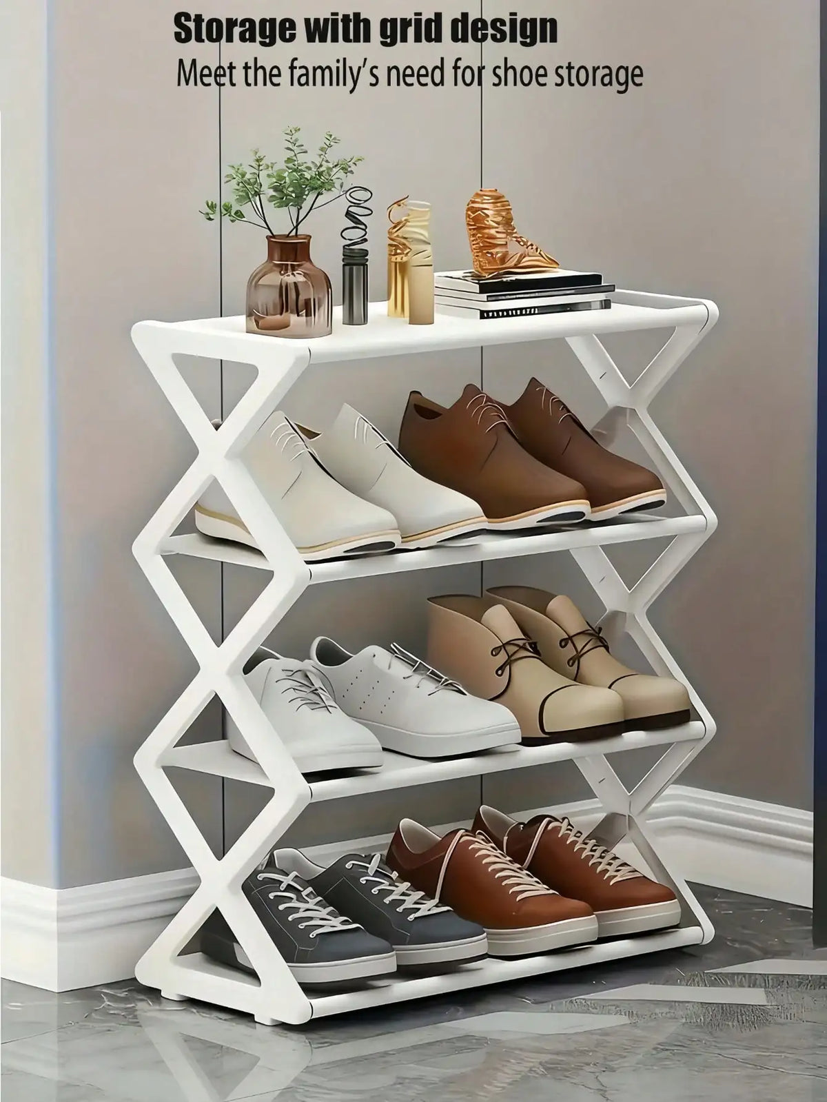 4-Tier Folding Shoe Rack | Space-Saving Storage Solution, X-Shaped Frame Plastic Organizer, Vintage Design, No Assembly Required, Suitable For Entryway, Closet, Kitchen, All-Season Durable Bookshelf ( Plastic Material)