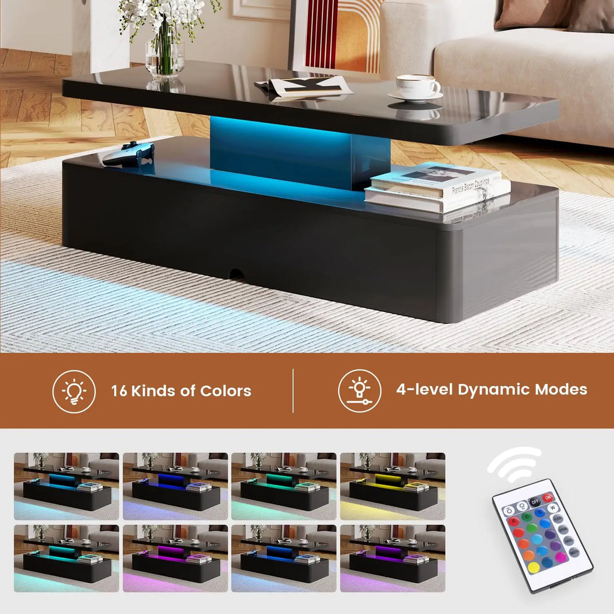 40" Modern Living Room Tables, LED Coffee Table with LED Lights, 2 Tier Rectangular Center Table with Large, Customized