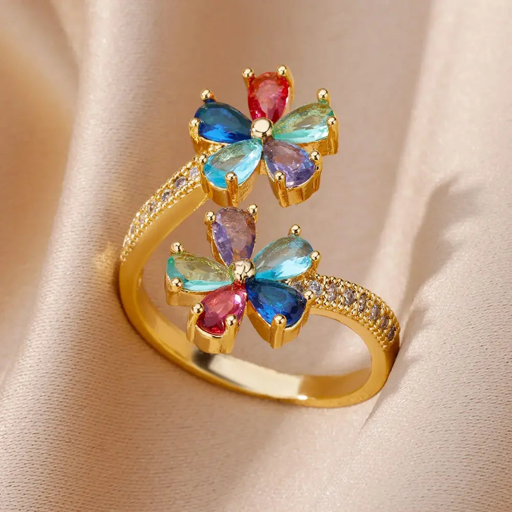 Gold Color Zirconia Flower Rings for Women Girls Elegant Stainless Steel Ring Floral Jewelry Trendy Luxury Aesthetic 2026 Style