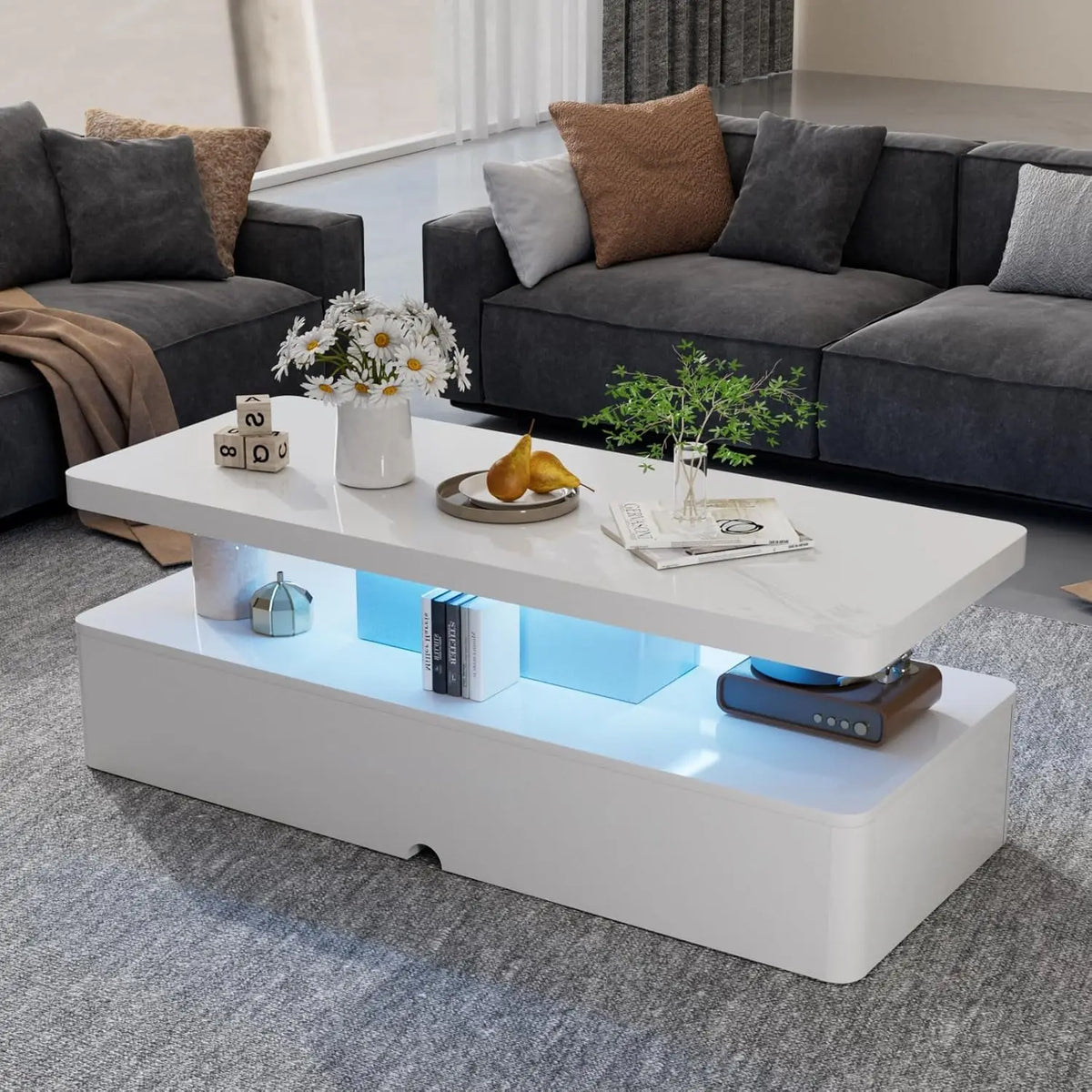 40" Modern Living Room Tables, LED Coffee Table with LED Lights, 2 Tier Rectangular Center Table with Large, Customized