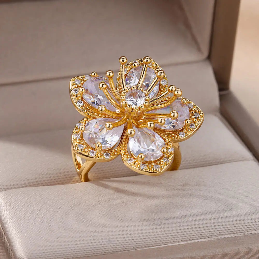 Gold Color Zirconia Flower Rings for Women Girls Elegant Stainless Steel Ring Floral Jewelry Trendy Luxury Aesthetic 2026 Style