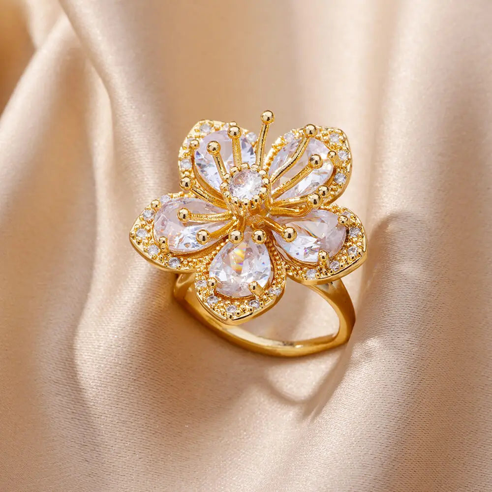 Gold Color Zirconia Flower Rings for Women Girls Elegant Stainless Steel Ring Floral Jewelry Trendy Luxury Aesthetic 2026 Style