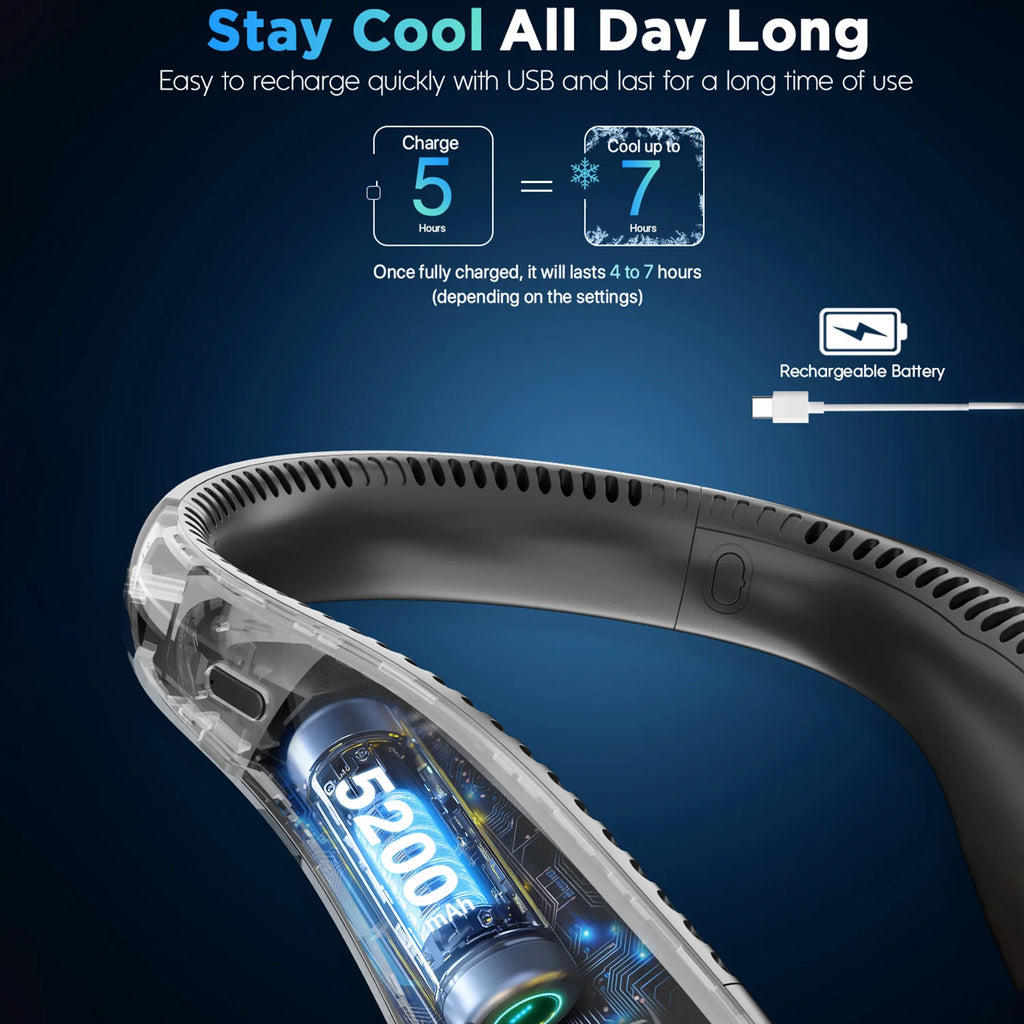 Portable Neck Fan, Rechargeable Bladeless Wearable Fan with 4 Speeds, 66 Vents, Lightweight Personal Fan for Work, Cooking, Travel, Camping, Gym
