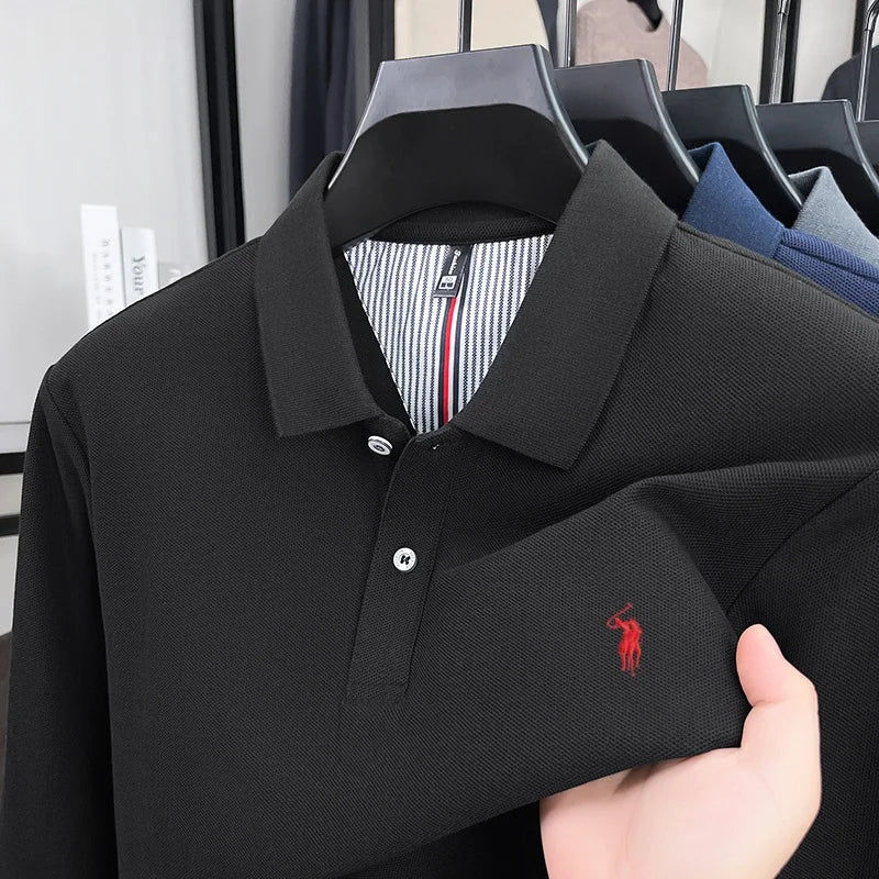 100% pure cotton autumn and winter men's fashion sports brand embroidered pony long sleeved POLO shirt business casual T-shirt