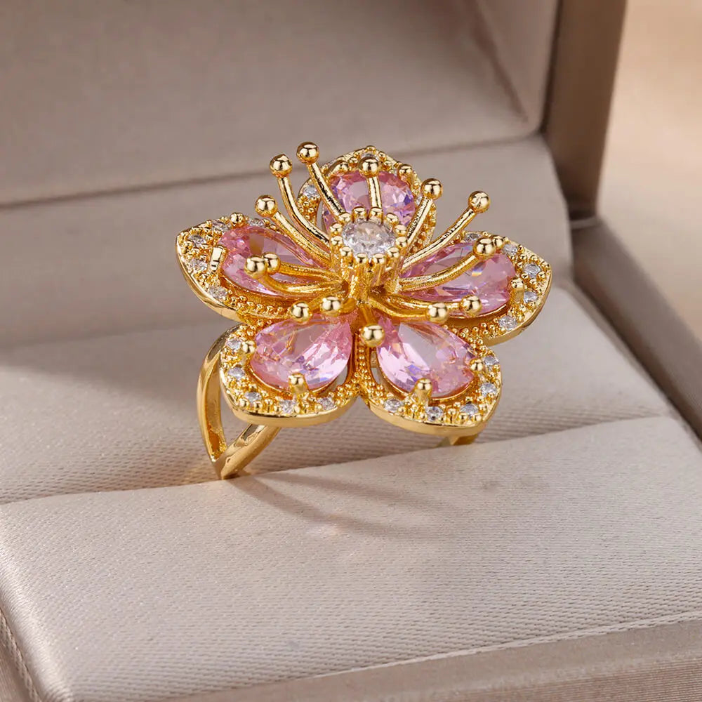 Gold Color Zirconia Flower Rings for Women Girls Elegant Stainless Steel Ring Floral Jewelry Trendy Luxury Aesthetic 2026 Style