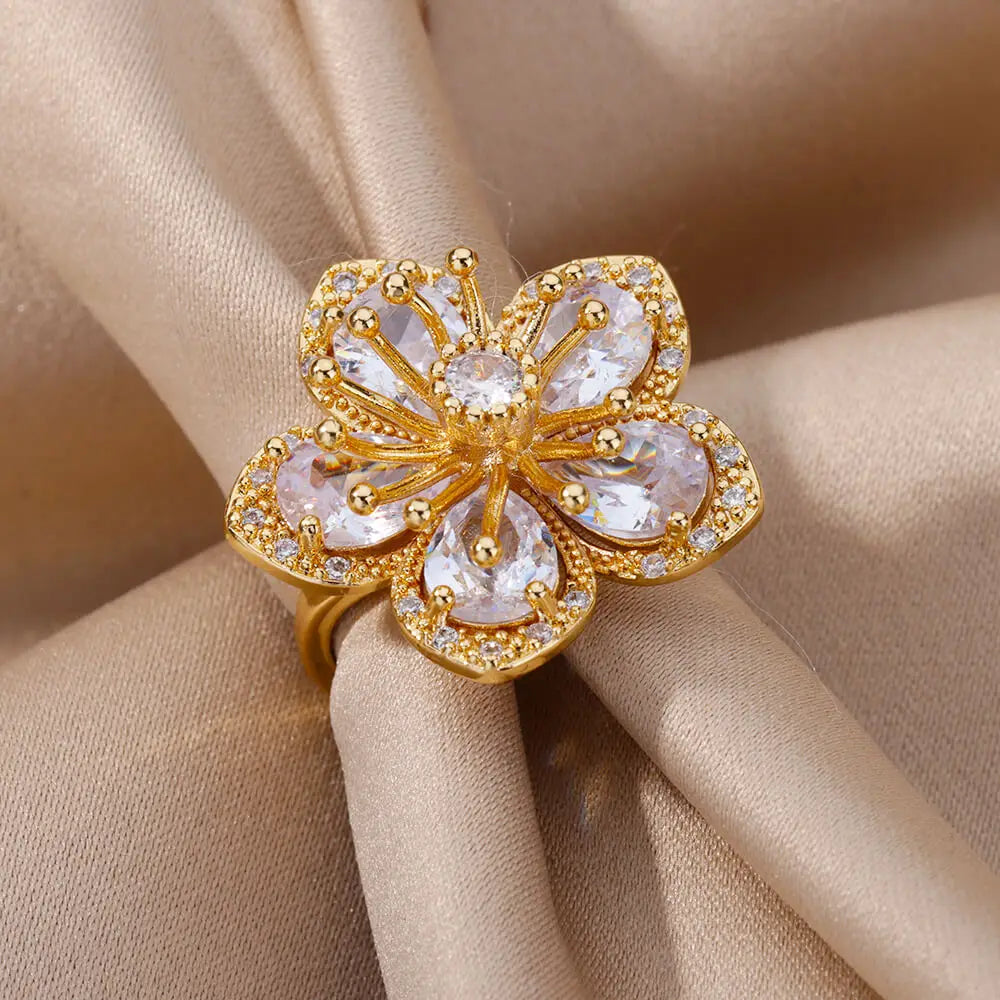 Gold Color Zirconia Flower Rings for Women Girls Elegant Stainless Steel Ring Floral Jewelry Trendy Luxury Aesthetic 2026 Style